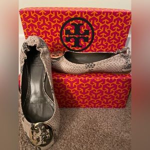 Tory Burch Snakeskin Flats with Medallion